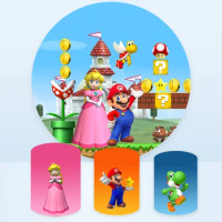 Super Mario Bros Round Backdrop Kids Birthday Party Decoration Cylinder Cover Polyester Princess Peach Photography Background