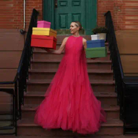 Modest Puffy Tulle Dresses A Line Sleeveless Custom Made Fluffy Tulle Dressing Gowns For Party Women Holiday Tulle Dress