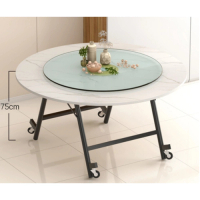 可移動折疊玻璃轉盤圓形餐桌(白理石紋)(尺寸:1.8米圓桌+1.2米轉盤，高75CM)