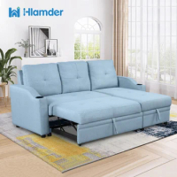 Pull Out Sofa Bed Modern Padded Upholstered Linen Fabric 3 Seater Couch with Storage Chaise and Cup Holder Couch for Small Space