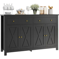 Sideboard Buffet Cabinet with Storage, Wood Coffee Bar Cabinet Buffet Table Console Cabinet for Kitchen Dining Room, Black