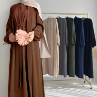 Solid Color Two-Piece Suit ~ Abaya dubai  orange plain robes Long Sleeve Button Muslim Dress with Po