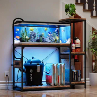 Aquarium with power socket and LED light, storage shelf with fish tank accessories, metal frame,reversible wooden aquarium stand
