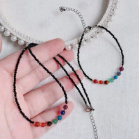 7 Chakras Crystal Stone Necklace for Women Seven Colorful Quartz 2mm Small Black Obsidian Choker Necklace Reiki Healing Jewelry