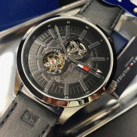 【Tommy Hilfiger】TommyHilfiger手錶型號TH00004(黑色錶面銀錶殼深黑色真皮皮革錶帶款)