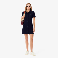 【LACOSTE】女裝-厚磅網眼布鈕扣短袖Polo洋裝(海軍藍)