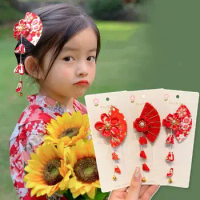 Tassel Children Red Sakura Hairpin Cloth Flower Hanfu Fan Hair Clip Baby Headwear Girl Hair Accessories