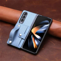 Wristband Carbon Fiber Leather Cover For Samsung Galaxy Z Fold 5 4 3 Fold4 Fold3 5G Wallet Cards Holder Kickstand Phone Case
