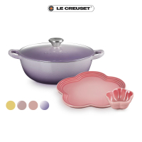 【Le Creuset】琺瑯鑄鐵鍋媽咪鍋24cm 雪紡粉/含羞草黃/甜心粉/藍鈴紫(5色可選+花型碗盤組)