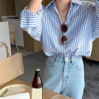 Kemeja Berjalur Warna Baharu Gaya Lapel Lengan Panjang Longgar Baju Kasual Blouse Coquette Cotton Ir