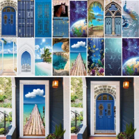 Blue Door Mural Stickers Self-Adhesive 3D Relief Beach Sea Wallpaper Custom Size House Door Design Decor 3D Nature Scenery Decal