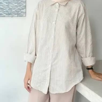 Kemeja Salur Oversize | Atasan Wanita Bahan Salur Oversize jumbo L Krem