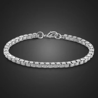 Men 925 Sterling Silver 7-9 inches Box Chain Bracelet &amp; Bangle For Women 100% Solid Silver Fashion Boys Charm Jewelry Gift