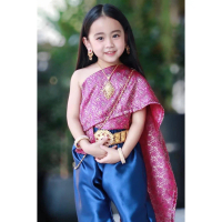 Thai Modernized Dress for Girls, Poodle Style, Indian Silk, Smocked Waist. # N