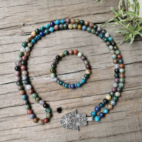 8mm Indian Onyx Mala Beads,Apatite Mala Necklace,Charming Lotus Pendant,Meditation Jewelry,Unisex Mala,Yoga Gift,108 Mala Beads