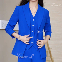 Tesco Royal Blue Suit For Women Work Wear Blazer+Vest+Pants 3 Piece Solid Formal Outfits For Office Lady Company Party