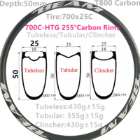 HTG 255° Only 350g 50mm Depth 25mm wide Carbon Road Bike rims 700C Carbon Rims Clincher Tubeless Tubular T800 bicycle rims