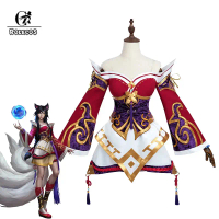 ROLECOS เกม LOL Nine-tailed Fox Ahri คอสเพลย์เครื่องแต่งกาย Ahri คอสเพลย์วิกผมเกม LOL Ahri เครื่องแต