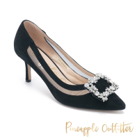 Pineapple Outfitter-GAUGE 麂皮方鑽側簍空高跟鞋-絨黑