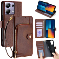 Poco M6 Pro 4G Case Retro Zipper Wallet Cover for Xiaomi Poco M6 M5 M4 M3 M2 Pro M5S Leather Flip Book Case with Hand Rope Coque