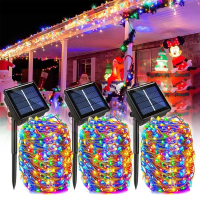 ไฟพลังงานแสงอาทิตย์, ไฟสตริงนางฟ้า LED, กันน้ำ, 8 โหมด, โคมไฟสตริงลวดทองแดง, มีให้เลือก 32M / 22M / 