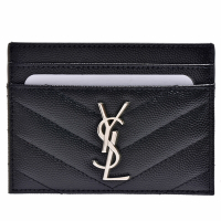 YSL MONOGRAM系列V字縫線牛皮銀色金屬LOGO萬用票卡/證件名片夾(黑)