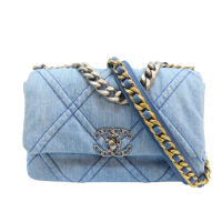 【二手名牌BRAND OFF】CHANEL 香奈兒 淺藍色 丹寧布料 菱格紋 CHANEL 19 肩背包 鍊帶