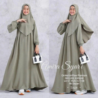 Gamis Anak Syar'i Set Hijab Tanggung 14 Tahun Amira Dress Plus Kerudung  Bahan Crinkle Airflow Busan