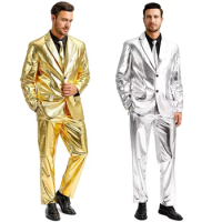 Mens Shiny Metallic Suits Performance Costume Adult Disco Suits Party Funny Jacket Pants with Tie Blazer Halloween Dress UP