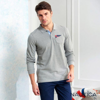 【NAUTICA】經典素面口袋長袖POLO衫(灰色)