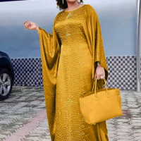 Dubai African Kaftan Hijab Abayas Wedding Party Luxury Diamond Silk Dresses Women Clothing Loose Boubou Nigerian Headtie Dress