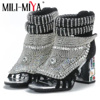 MILI-MIYA New Arrival Super Large Size 34-48 Women Microfiber Ankle Sandals Boots Zippers Crystal Thick Heels Dress Party Shoes