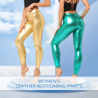 Women High Waist Shiny Trousers Wet Look Faux Leather Pants Metallic Stretchy Leggings Dance Pants Nightclub Disco Leggins
