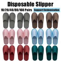 10-160Pairs Disposable Slipper for Guest Bulk Non-Slip Closed Toe House Slippers Unisex Brushed Plush Slipper for Hotel Travel