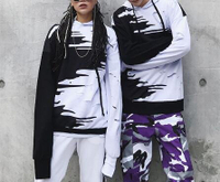 FINDSENSE Z1 韓國 時尚 潮 男女情侶穿搭 黑白拼色 破洞 連帽 外套 衛衣
