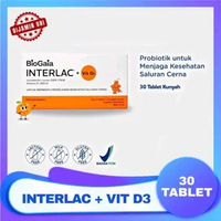 Interlac Probiotik + Vitamin D3 400 IU 30 Tablet – Tablet Kunyah Rasa Jeruk untuk Anak, Dewasa & Lan