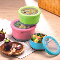 圓形防滑不鏽鋼保鮮盒 420ml 學生餐具 便當盒 保鮮碗 附蓋碗 水果盒 飯盒 餐盒 兒童碗