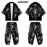 2pcs Suit Plus Size 6XL Loose Spider Print Japanese Samurai Harajuku Kimono Cardigan Women Men Cosplay Yukata Tops Pants Set