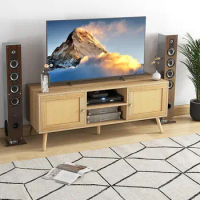 PE Rattan TV Stand for TVs up to 55”, Media Entertainment Center w/ 2 Cabinet &amp; Open Shelves, Modern Media Console Table