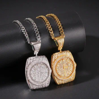 Hip Hop AAA CZ Stones Bling Ice Out Wristwatch Watch Shape Pendants Necklace for Men Rapper Jewelry Gold Color with cuban chain
