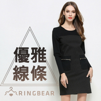 長袖洋裝--優雅氣質線條拼接設計貼式拉鍊口袋圓領連身裙(黑XL-3L)-A321眼圈熊中大尺碼