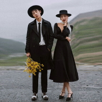 影樓主題服裝新款黑色絲絨禮服長袖英倫風婚紗情侶照寫真拍照風衣