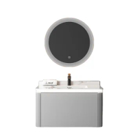 New design modern bathroom cabinet with round LED mirror wall hung 80CM with seamless rock slate basin bathroom cabinet