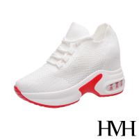 【HMH】舒適透氣飛織網布綁帶造型時尚氣墊厚底內增高休閒鞋(白)