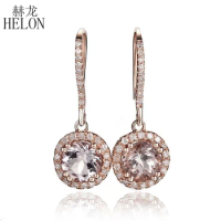 HELON Noble Solid 10K Rose Gold Pave Prong Setting 6mm Round Cut 1.6ct Morganite &amp; 0.3ct Natural Diamonds Earrings Fine Jewelry