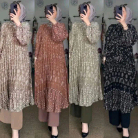 VENITA SET TUNIK Setelan Tunik Plisket Terbaru Oneset Long Tunik Wanita muslimah Kekinian Lengan Pan