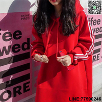 口醬】現貨速發 女裝新款紅色新年衣服200斤大尺碼帽t洋裝女秋冬中長款寬鬆顯瘦刷毛加厚連帽大學T條紋長袖洋裝正韓女生衣著