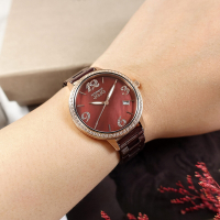 NATURALLY JOJO / 珍珠母貝 日期 晶鑽時尚 陶瓷手錶-紅褐x玫瑰金框/34mm