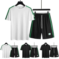 Men Summer Contrast Color Short Sleeve T Shirt and Shorts Suit Set in White Black Green Grey for Cas