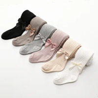 Spring Autumn Winter 0-8 Yrs Children Cotton Baby Girls Pantyhose Bowknot TightsKids Infant Knitted Collant Tights